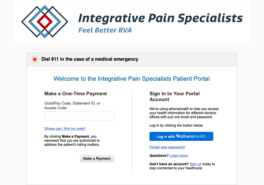 Screenshot of Integrative Pain Specialists patient portal login