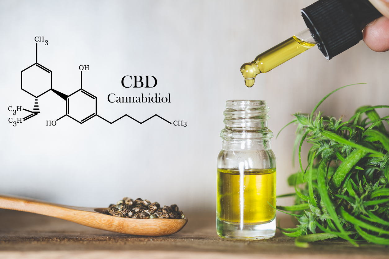 CBD chemical formula with oil being dropped into bottle